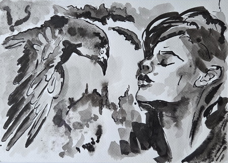 Krilo ob meni, tuš, 44x34 cm, 2025, Martina Kozamernik